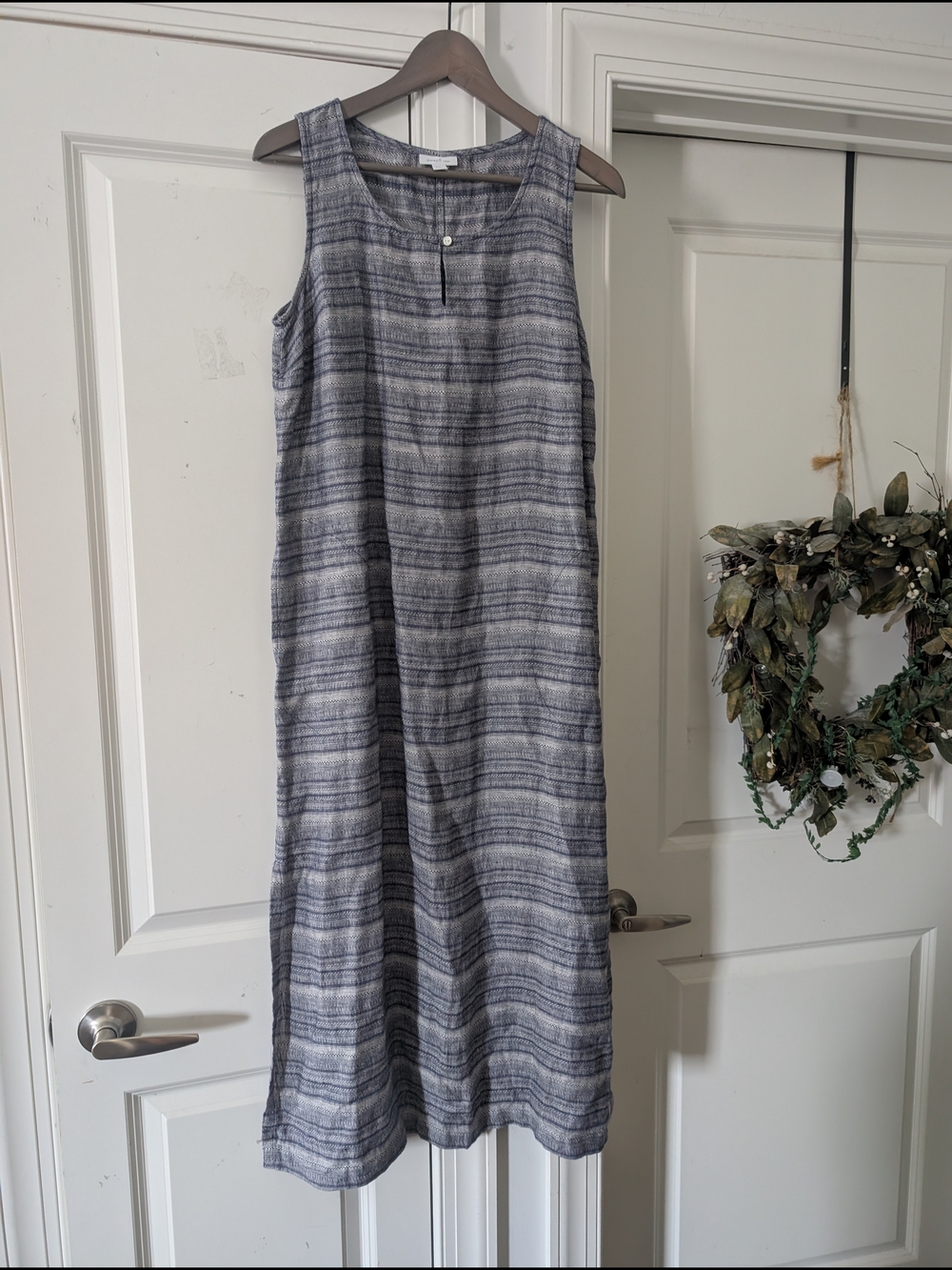 Pure J Jill Sleeveless Blue Gray Striped Linen Maxi Dress Sm/Med